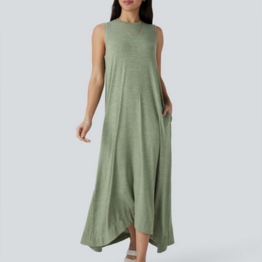 NWT Halara Round Neck Sleeveless Pocket High Low Flowy Maxi Casual Dress XL - Picture 8 of 8